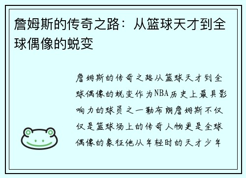 詹姆斯的传奇之路：从篮球天才到全球偶像的蜕变